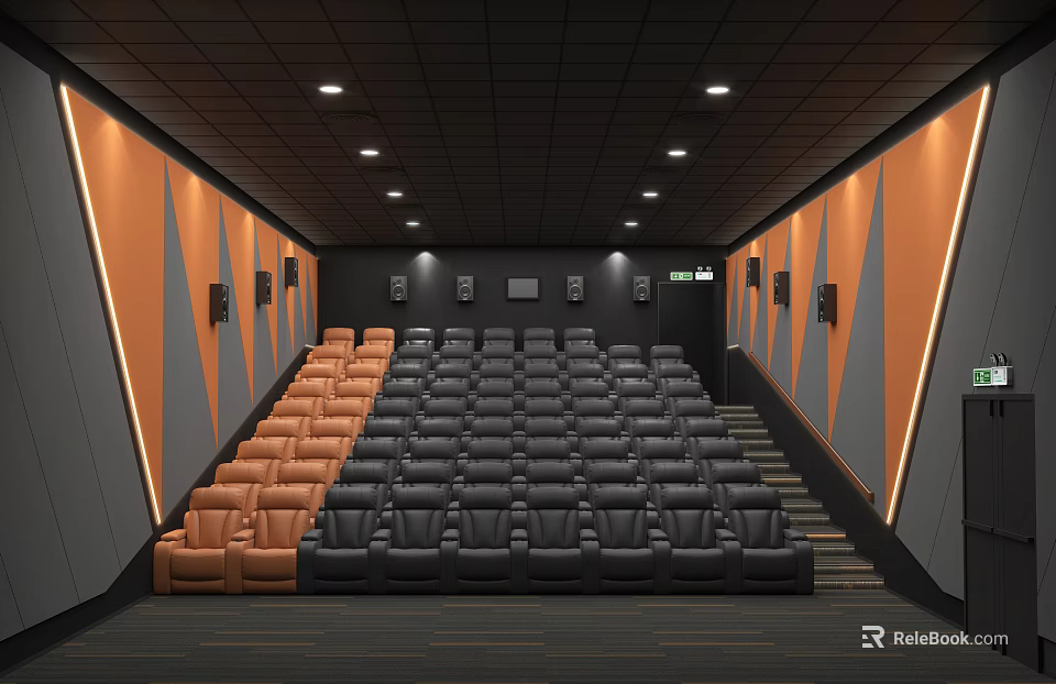 Modern Cinema Interior With Black Orange Seats Step Layout And Wall Design 3d model 