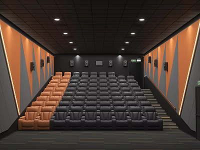 Modern Cinema Interior With Black Orange Seats Step Layout And Wall Design 3d model