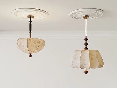 Two Elegant Pendant Lights with Ivory Floral Shades and Wooden Beads 3d model