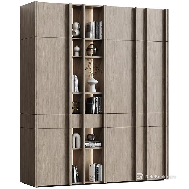 Modern Wooden Bookcase with Open Shelves Decorative Items and Books 3d model 
