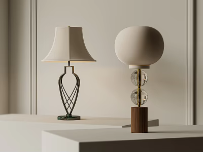 Table Lamps With Black Metal Woven Base Wooden Stand And Glass Globe Accents In Modern Design 3d model