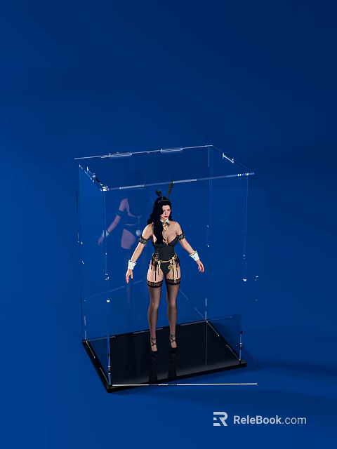 Bunny Ear Doll Dressed In Black Lingerie Standing Inside Transparent Display Case With Blue Background 3d model 
