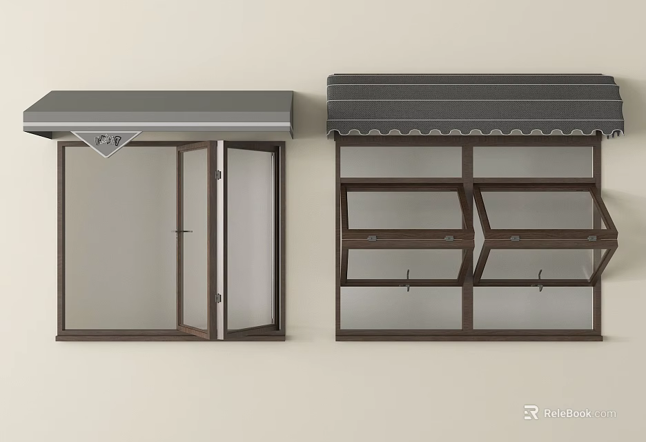 Storefront Display Windows with Gray Awnings Glass Doors and Wooden Shelves 3d model 