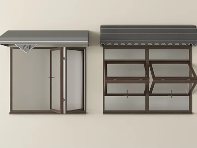 Storefront Display Windows with Gray Awnings Glass Doors and Wooden Shelves 3d model