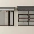 Storefront Display Windows with Gray Awnings Glass Doors and Wooden Shelves