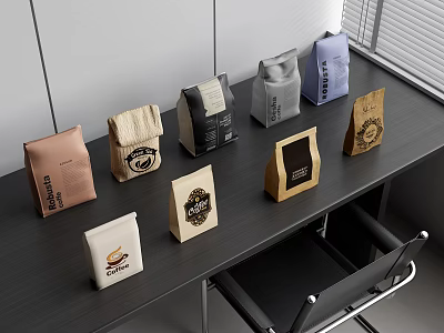 Various Coffee Bags In Different Colors And Designs On Office Table 3d model