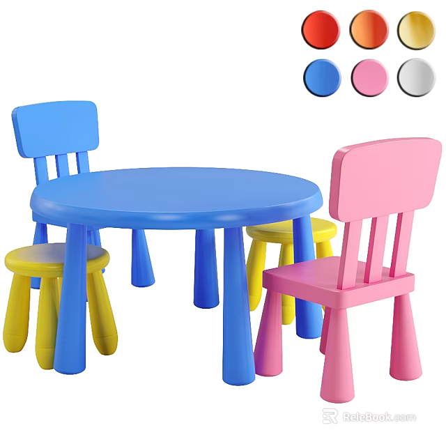 Kids Round Table and Chair Set with Blue Pink Yellow Gray Color Options 3d model 