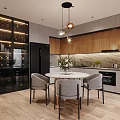 Modern Living and Dining Room Interior With Gray Sofa Dining Table Chandelier and Wooden Cabinets