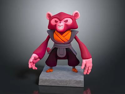 Detailed 3D Monkey Character In Martial Arts Clothing Standing On Stone Base 3d model