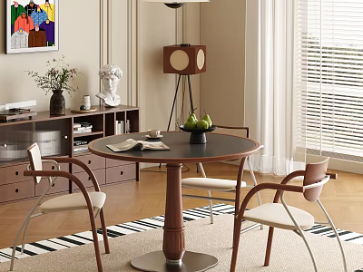 Dining Table Set With Round Tabletop Wooden Legs Light Colored Chairs Floor Lamp And Rug 3d model