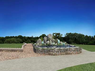 Natural Rockery Stones with Fountain Stone Wall Green Lawn and Trees Under Blue Sky 3d model