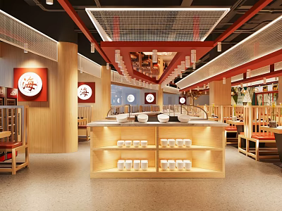 Modern Hot Pot Restaurant Interior With Wooden Decor And Display Shelves 3d model