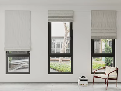 Gray Linen Roman Shades for Living Room Windows with Natural Light and Armchair 3d model