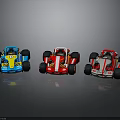 Three Colorful Karts Blue Red and Red White On Gray Background With Clear Reflections