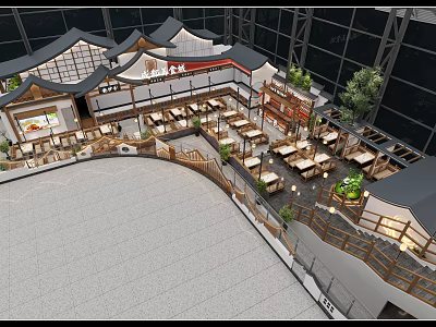 Traditional Roof Open Layout Restaurant With Dining Tables Green Plants And Modern Glass Walls 3d model
