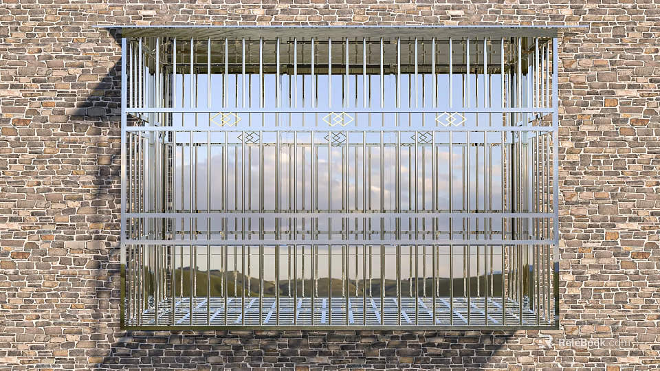Sturdy Security Window On Brick Wall With Metal Bars And Decorative Grilles 3d model