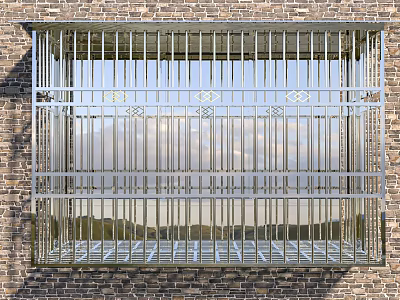 Sturdy Security Window On Brick Wall With Metal Bars And Decorative Grilles 3d model