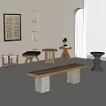 Various Wooden Stools And Concrete Base Bench In Modern Interior 3d model