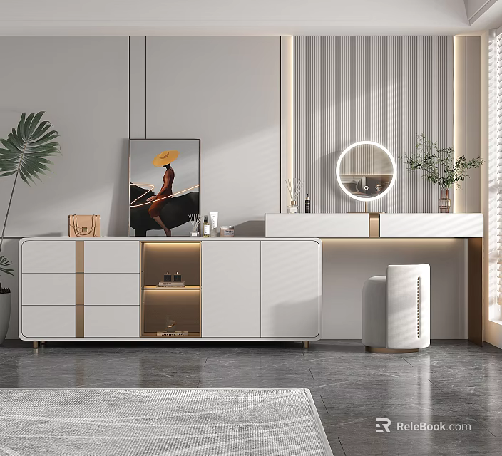 Modern White Dressing Table With Gold Accents Round Mirror Potted Plant And Decorative Items 3d model 