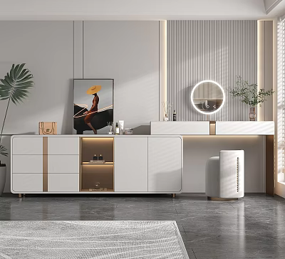Modern White Dressing Table With Gold Accents Round Mirror Potted Plant And Decorative Items 3d model