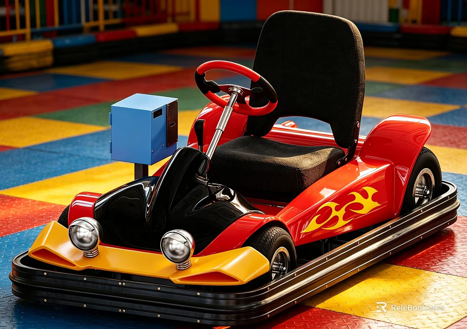 Red Yellow Bumper Car With Flame Patterns Black Seat Red Steering Wheel At Amusement Park 3d model 