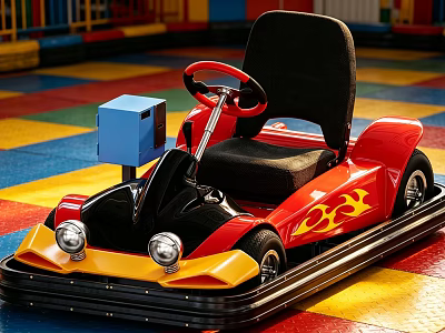 Red Yellow Bumper Car With Flame Patterns Black Seat Red Steering Wheel At Amusement Park 3d model