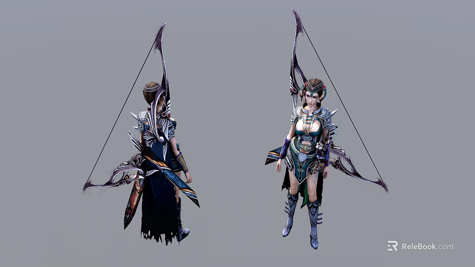 Fantasy Game Character with Elaborate Armor Bow Design Helmet and Front Back View 3d model 