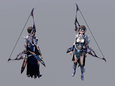 Fantasy Game Character with Elaborate Armor Bow Design Helmet and Front Back View 3d model