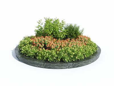 Roadside Circular Flower Bed With Green Plants Orange Flowers And Stone Edge 3d model