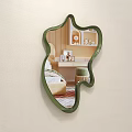 Leaf Shaped Mirror With Green Frame Reflecting Bedroom Bed And Striped Wall 3d model