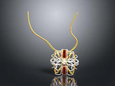 Elegant Gold Chain Necklace With Intricate Red And White Pendant Design 3d model