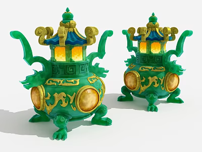 Ornamental Decor Set With Green Gold Dragon Patterns Blue Top Claw Feet And Lantern Design 3d model