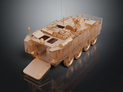 Military Armored Vehicle With 6 Wheels Protective Cage Open Rear Door And Top Weapon System 3d model