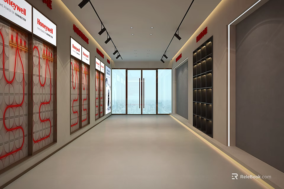 Bright Modern Exhibition Corridor With Brand Posters Shelves And Glass Doors 3d model 