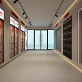 Bright Modern Exhibition Corridor With Brand Posters Shelves And Glass Doors
