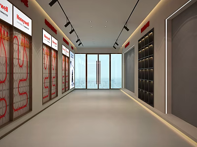 Bright Modern Exhibition Corridor With Brand Posters Shelves And Glass Doors 3d model