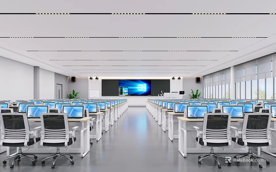 Bright Computer Classroom With Neat Desks Computers Large Screen And Natural Light 3d model 