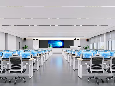 Bright Computer Classroom With Neat Desks Computers Large Screen And Natural Light 3d model