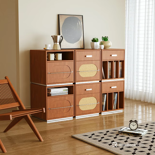 Modern Wooden Storage Cabinet With Rattan Drawers Shelves Mugs And Plants 3d model 