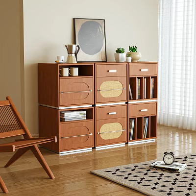 Modern Wooden Storage Cabinet With Rattan Drawers Shelves Mugs And Plants 3d model