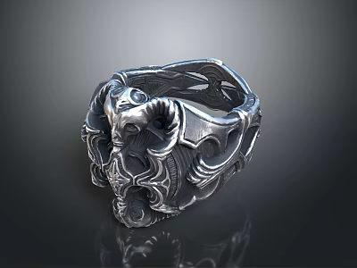 Ornate Silver Gothic Ring With Intricate Skull Design And Detailed Carving 3d model