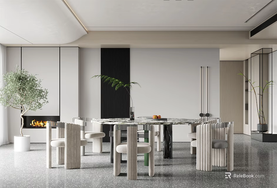 Modern Restaurant Interior Design With Round Dining Table Marble Countertop Chairs Green Plants And Fireplace 3d model 