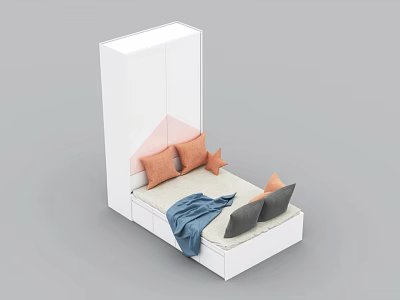 Modern White Multifunctional Bed With Wardrobe Orange Gray Pillows And Blue Blanket 3d model