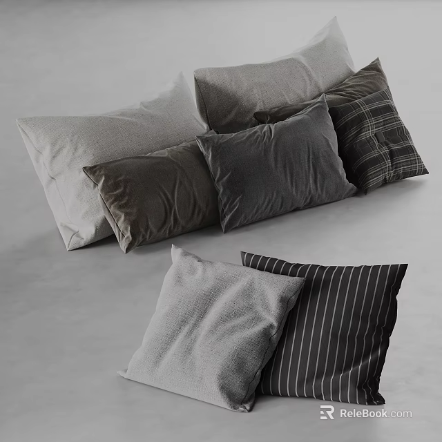 Modern Minimalist Pillow Collection Featuring Gray Dark Tones Plaid And Striped Patterns 3d model 