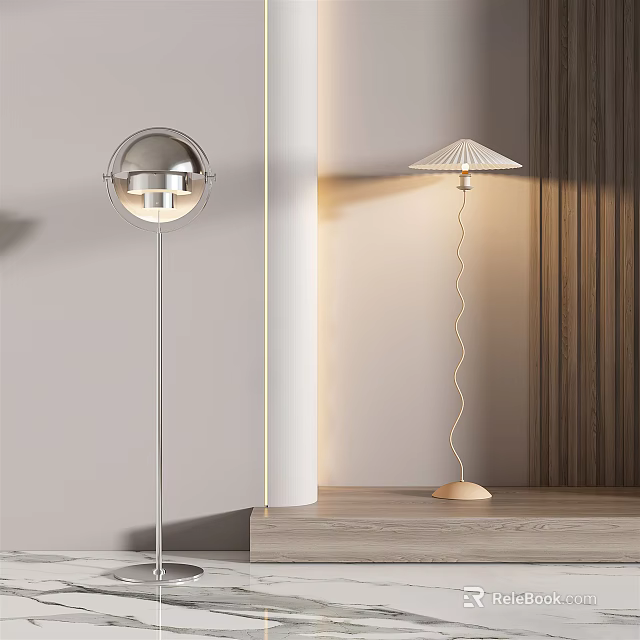 Modern Floor Lamps with Round and Umbrella Shades Curved Straight Poles and Metal Wood Accents 3d model 