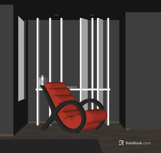 Red Modern Lounge Chair In Interior With Black And White Vertical Partition And Side Table 3d model 