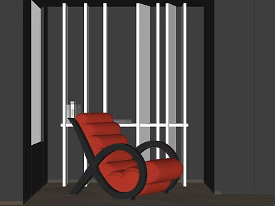 Red Modern Lounge Chair In Interior With Black And White Vertical Partition And Side Table 3d model