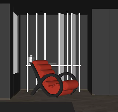 Red Modern Lounge Chair In Interior With Black And White Vertical Partition And Side Table 3d model