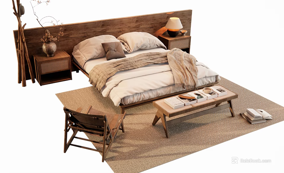Natural Style Double Bed With Wooden Headboard Soft Bedding Nightstand Lamp And Area Rug 3d model 