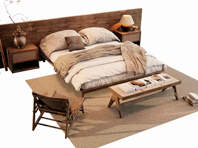 Natural Style Double Bed With Wooden Headboard Soft Bedding Nightstand Lamp And Area Rug 3d model